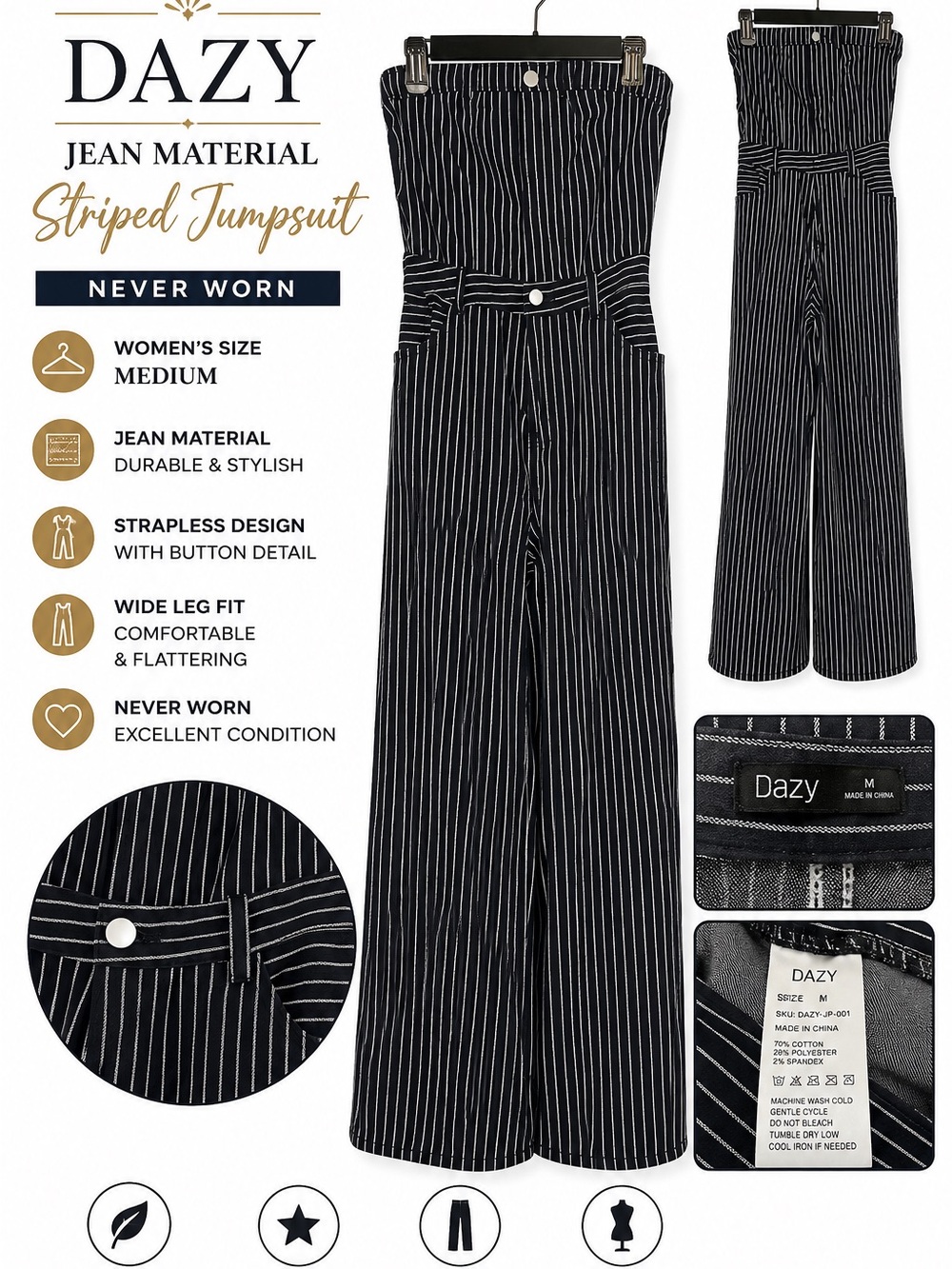 DAZY Black Pinstripe Strapless Wide-Leg Jumpsuit